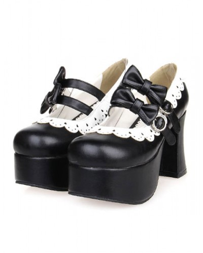 Black High Chunky Heels Lolita Shoes Platform Bows White Trim Daily Casual