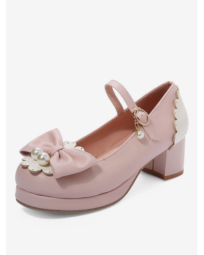 Sweet Lolita Pump Pink Bows Pearl Leather Chunky Heel Lolita Shoes Daily Casual