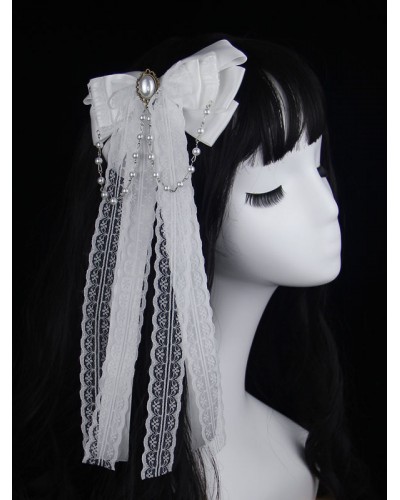 White Lolita Headdress Polyester Bows Lace Pearls Bow Accessory Headwear Lolita Hair Accessories