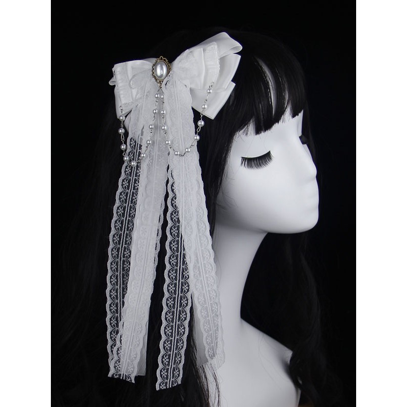 White Lolita Headdress Polyester Bows Lace Pearls Bow Accessory Headwear Lolita Hair Accessories