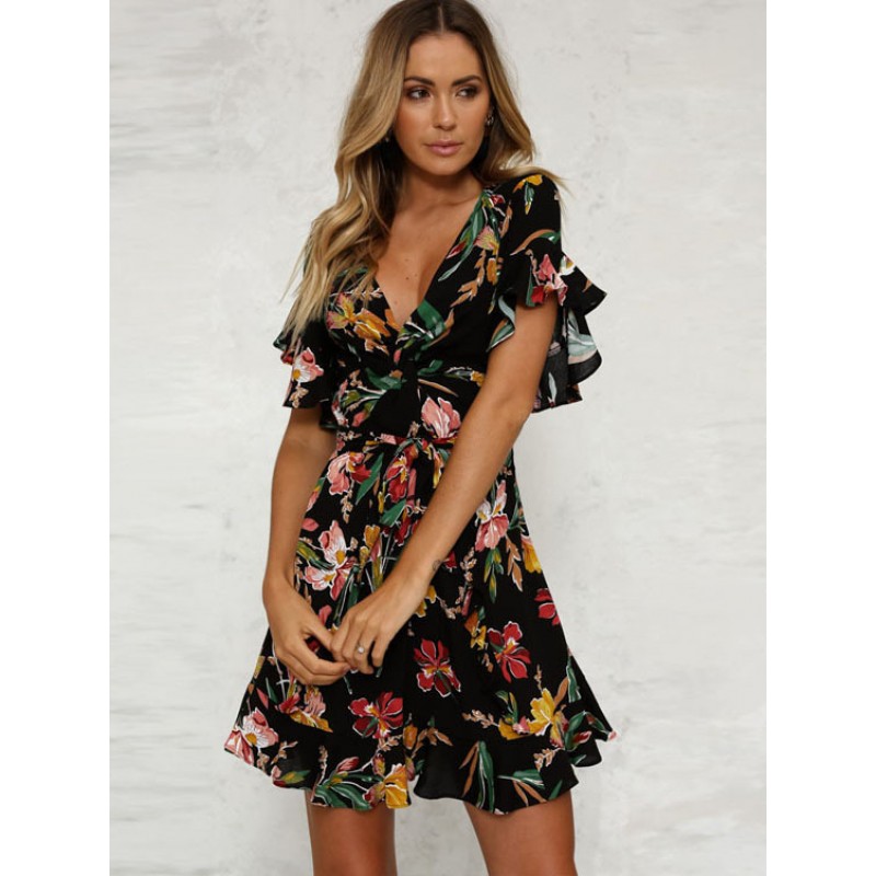 Little Black Dress Floral V Neck Ruffles Short Sleeve Printed Summer Mini Dress Chic  Modern Beach