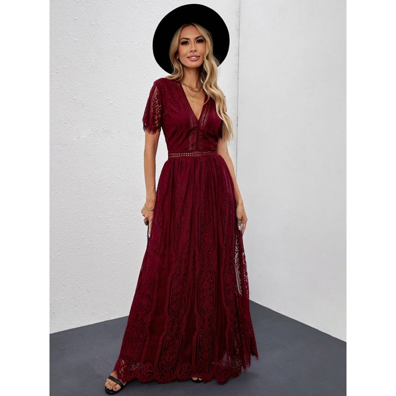 Women Dress V-Neck Short Sleeves Casual Long Dress Maxi Spring Summer