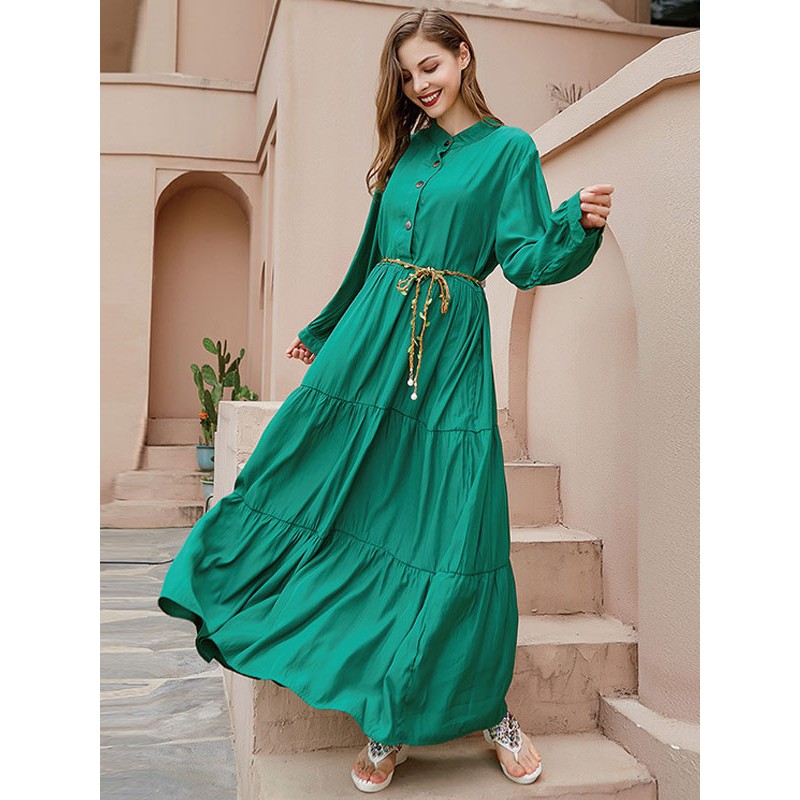 Dresses Green Jewel Neck Long Sleeves Oversized Maxi Dresses Shirt Daily Casual Resort Wear