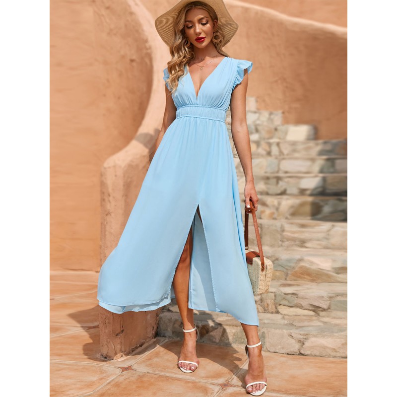 Dress Light Sky Blue V-Neck Beach Dress Summer Resort Wear