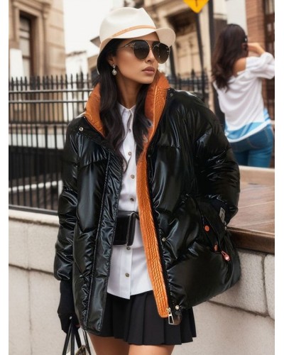 Women Puffer Coats Stand Collar Pockets Zipper Long Sleeves Color Block Outerwear Quilted Coat Street Wear Daily Casual Field