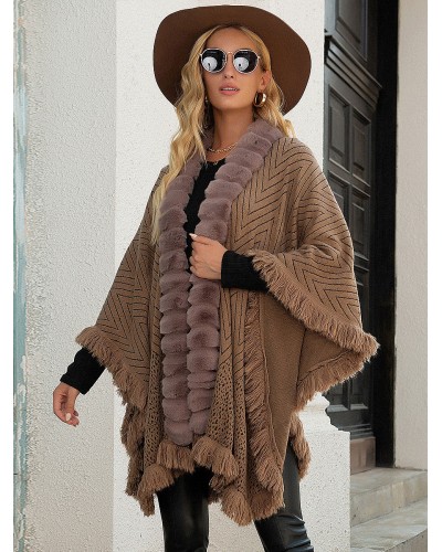 Women Poncho Geometric Khaki Cape Warm Outerwear Classic  Traditional Casual