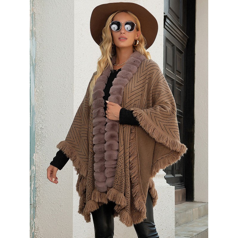 Women Poncho Geometric Khaki Cape Warm Outerwear Classic  Traditional Casual