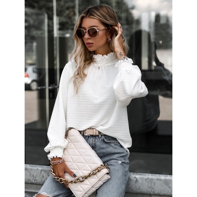 Long Sleeves Tees White High Collar Women T Shirt Casual