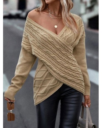 Women Pullover Sweater Khaki V-Neck Long Sleeves Sweaters Casual Spring Fall Winter