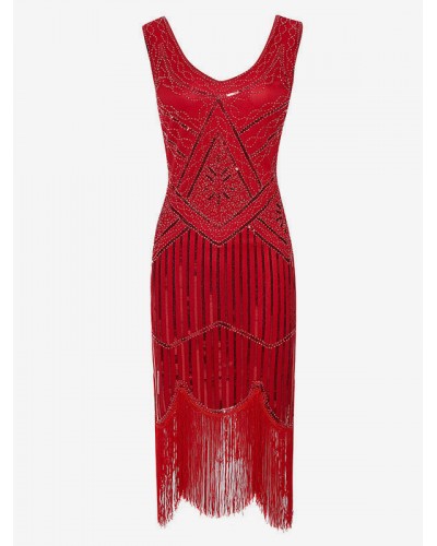 Red Flapper Dress Stripes Sequins Bead Fringe 1920s Fashion Style Outfits Great Gatsby With Tassels Costume Retro 20s Party Dress