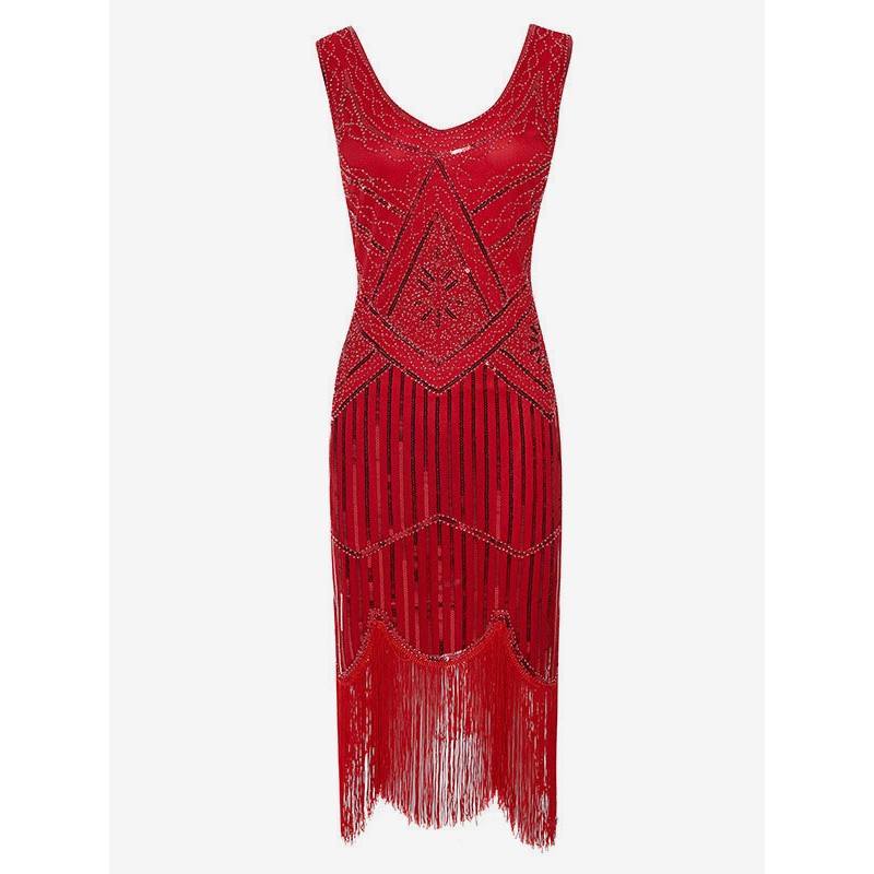 Red Flapper Dress Stripes Sequins Bead Fringe 1920s Fashion Style Outfits Great Gatsby With Tassels Costume Retro 20s Party Dress