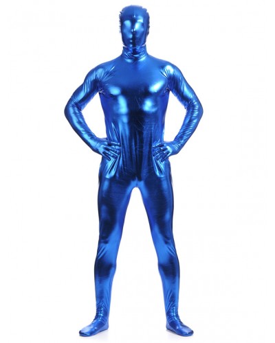 Men Royal Blue Zentai Suit Adults Full Body Shiny Metallic Bodysuit For Solid