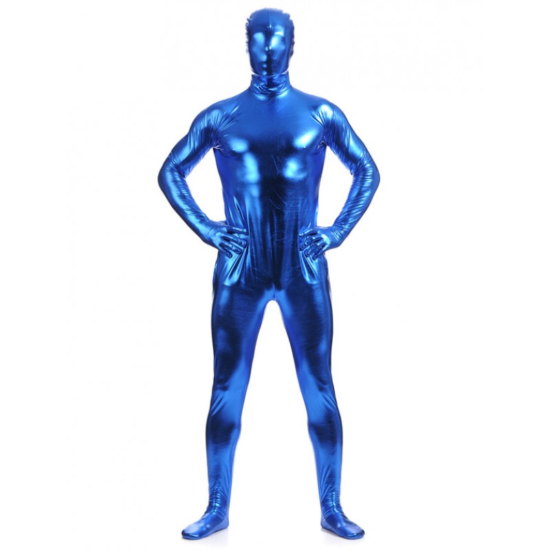 Men Royal Blue Zentai Suit Adults Full Body Shiny Metallic Bodysuit For Solid