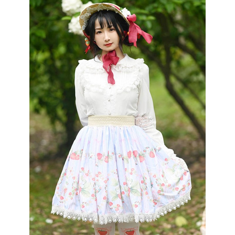 Lolita Overskirt Dress Fruit Floral Print Light Sky Blue Lace Lolita Skirts Sweet Spring Summer Fall Winter