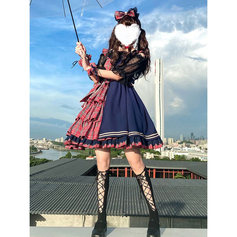 Idol Declaration Lolita JSK Dress Two Tone Plaid Lolita Jumper Skirts Sweet Spring Summer Fall Daily Casual