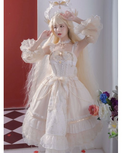 Sweet Lolita JSK Dress 3 Pieces Set White Sleeveless Lace Up Bows Lolita Jumper Skirts