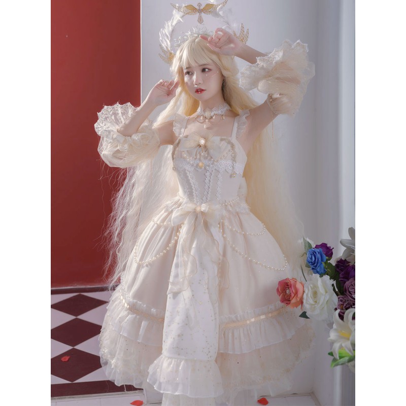 Sweet Lolita JSK Dress 3 Pieces Set White Sleeveless Lace Up Bows Lolita Jumper Skirts