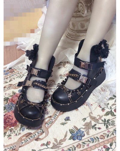 Gothic Lolita Boots Fringe Closed Toe Flat Heel Faux Leather Chains Black Lolita Boots Shoes