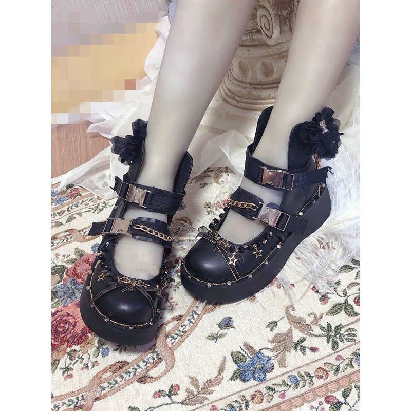 Gothic Lolita Boots Fringe Closed Toe Flat Heel Faux Leather Chains Black Lolita Boots Shoes