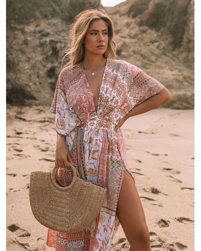 Women Dress Cover Ups Pink V-Neck Floral Print Beach Dress Bohemian Spring Summer Fall