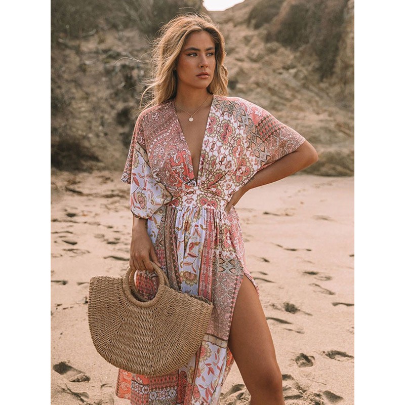 Women Dress Cover Ups Pink V-Neck Floral Print Beach Dress Bohemian Spring Summer Fall