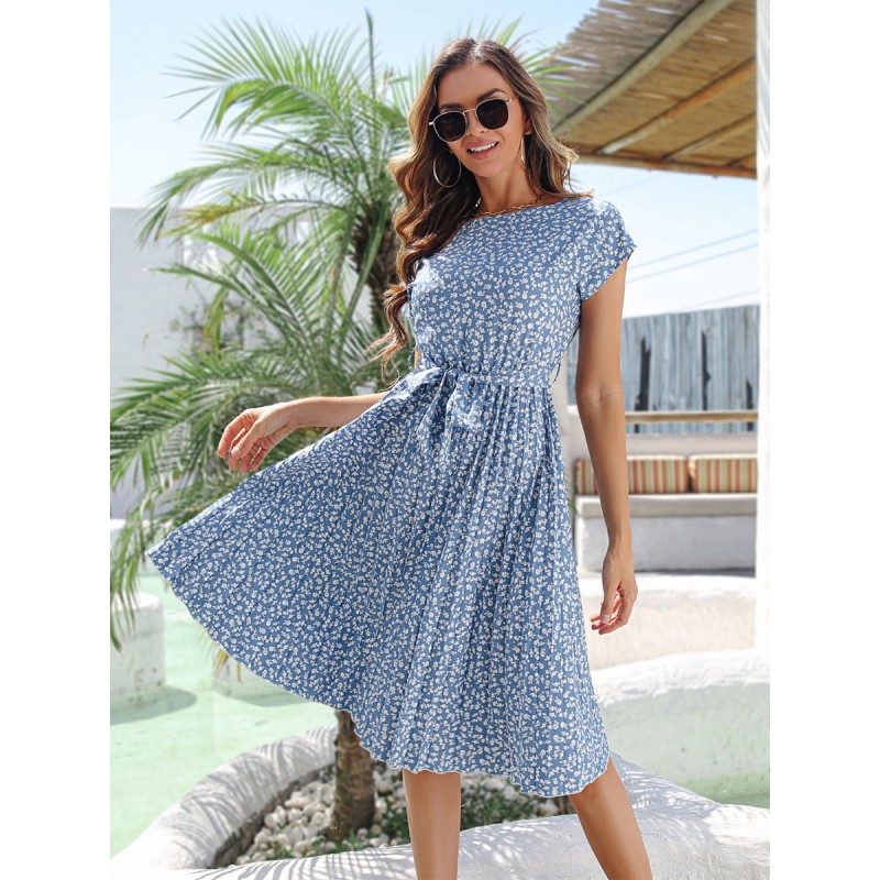 Summer Dress Light Sky Blue Floral Print Dress Bohemian Beach