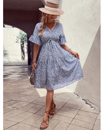 Women Dress V-Neck Floral Print Lace Up Blue Beach Dress Summer