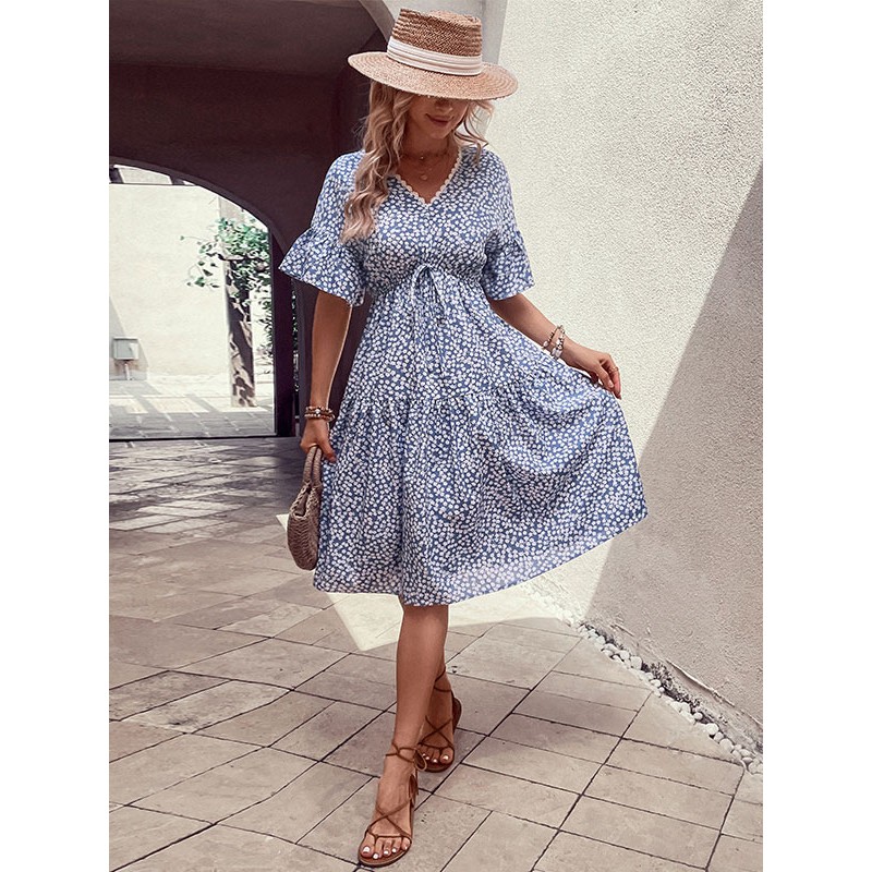 Women Dress V-Neck Floral Print Lace Up Blue Beach Dress Summer