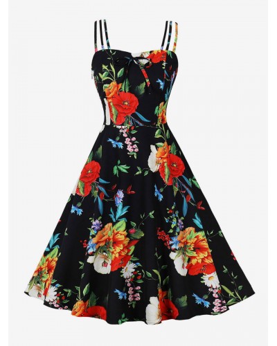 Vintage Dress 1950s Audrey Hepburn Style Backless Sleeveless Woman's Knee Length Floral Print Rockabilly Dress Bodycon Retro Summer