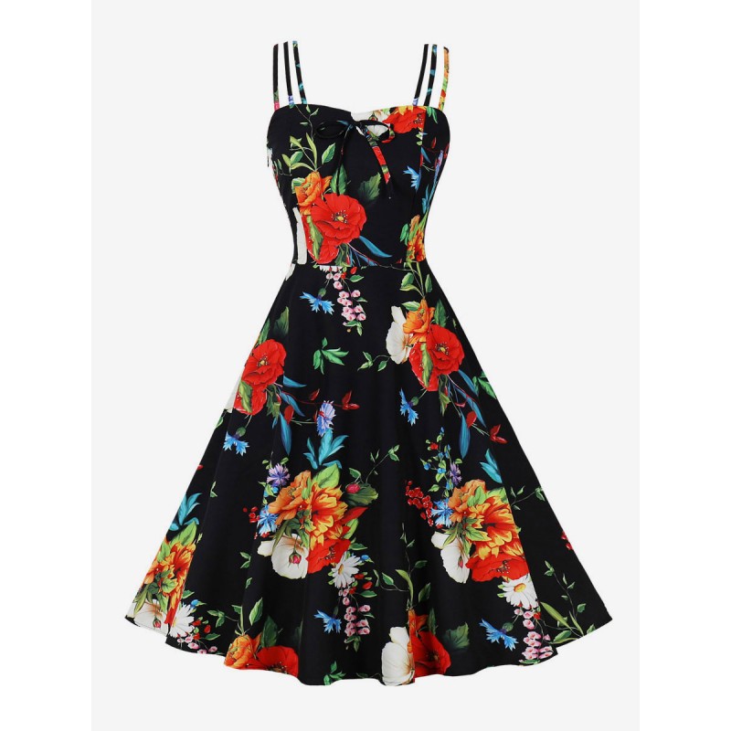 Vintage Dress 1950s Audrey Hepburn Style Backless Sleeveless Woman's Knee Length Floral Print Rockabilly Dress Bodycon Retro Summer