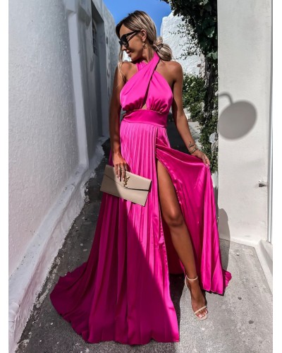 Women Halter Dress Sleeveless Casual Backless Pleated Floor Length Dress Maxi Summer