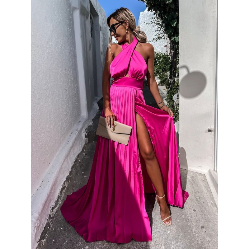 Women Halter Dress Sleeveless Casual Backless Pleated Floor Length Dress Maxi Summer