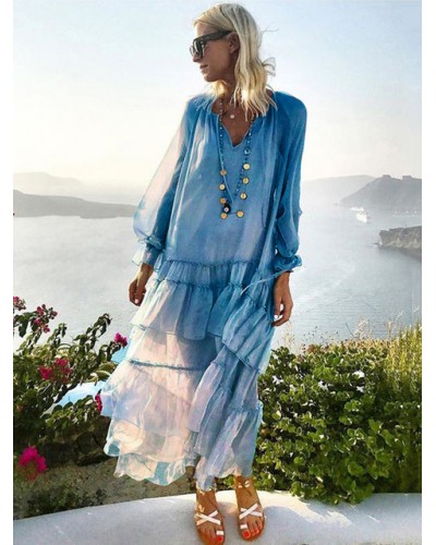 Boho Dress V-Neck Long Sleeves Beach Dress Daily Casual