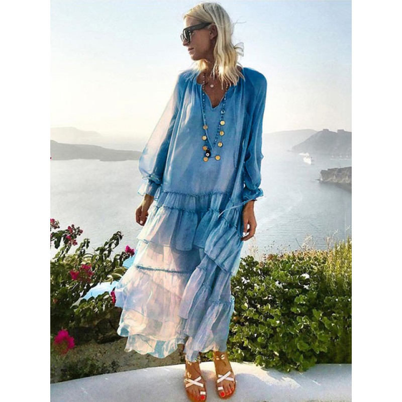 Boho Dress V-Neck Long Sleeves Beach Dress Daily Casual