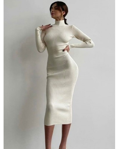 Women Bodycon Dresses White Long Sleeves Casual High Collar Slim Fit Sheath Dress Chic  Modern Fall Winter