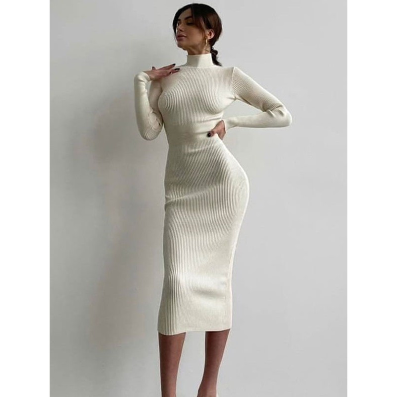 Women Bodycon Dresses White Long Sleeves Casual High Collar Slim Fit Sheath Dress Chic  Modern Fall Winter