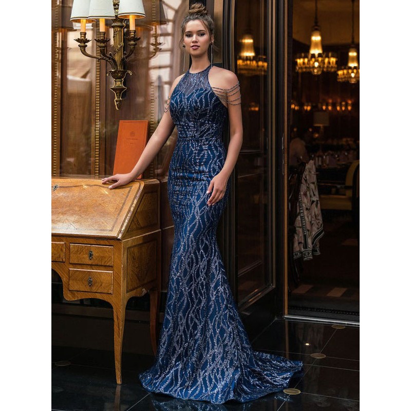 Women Birthday Party Dresses Blue Sequins Sleeveless Backless Halter Sexy Long Semi Formal Dress Bodycon Spring Summer