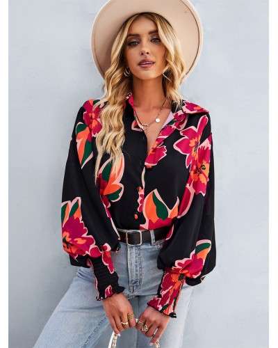 Blouse For Women Lapel Lantern Sleeves Floral Loose Chic Tops Chic  Modern Casual Fall