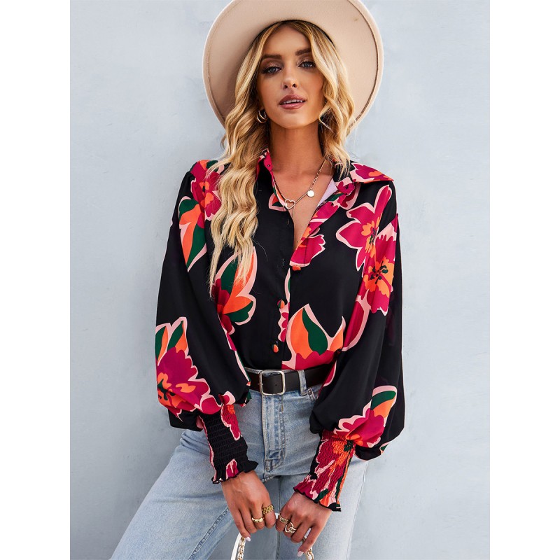 Blouse For Women Lapel Lantern Sleeves Floral Loose Chic Tops Chic  Modern Casual Fall