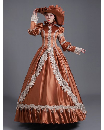 Women Coffee Brown Retro Costumes Ruffles Polyester Hat Marie Antoinette Costume 's Masquerade Ball Gown Tunic Vintage Euro-Style