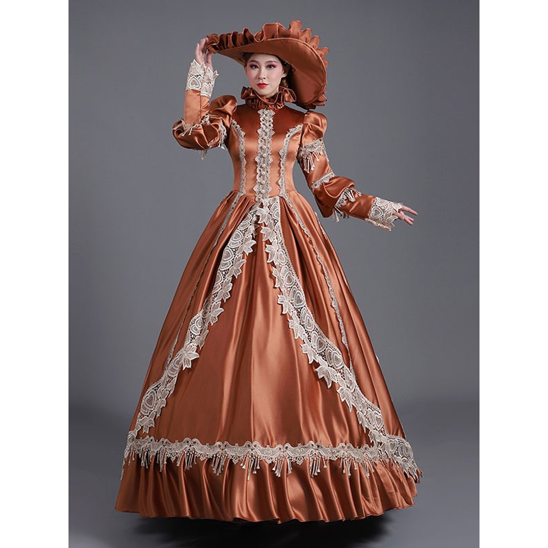 Women Coffee Brown Retro Costumes Ruffles Polyester Hat Marie Antoinette Costume 's Masquerade Ball Gown Tunic Vintage Euro-Style