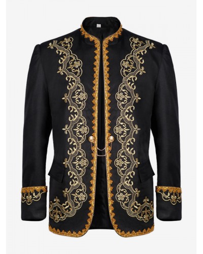 Men Black Vintage Top Embroidered Long Sleeves Polyester Polyester Fiber Overcoat Costumes For Man Tops Retro Renaissance