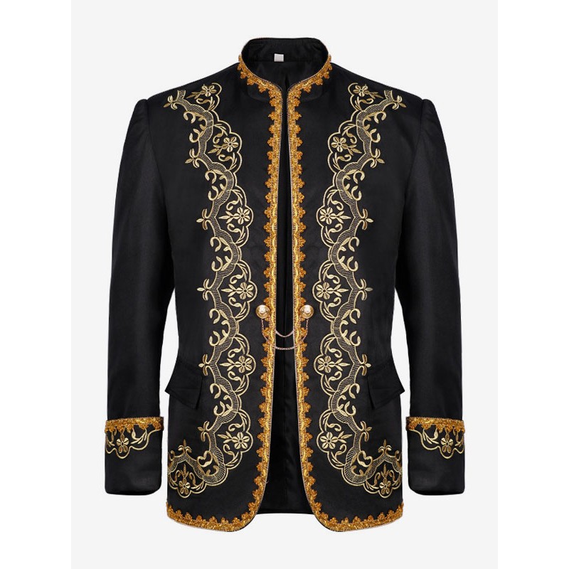 Men Black Vintage Top Embroidered Long Sleeves Polyester Polyester Fiber Overcoat Costumes For Man Tops Retro Renaissance