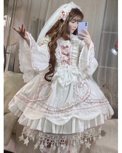 Sweet Lolita OP Dress Wedding Dress Removable Sleeves Polyester Ruffles Lace Bows White Lolita One Piece Dress