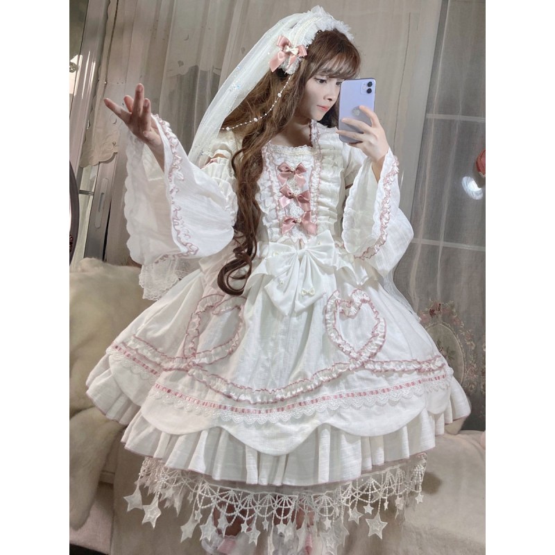 Sweet Lolita OP Dress Wedding Dress Removable Sleeves Polyester Ruffles Lace Bows White Lolita One Piece Dress