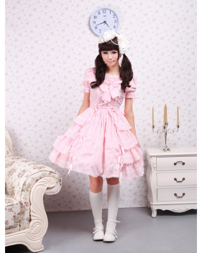 Pink Kawaiii Lolita OP Dress Short Sleeves Ruffles Design Sweet Summer Tea Party