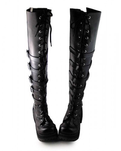 Matte Black Lolita Long Boots Square Heels Lovely