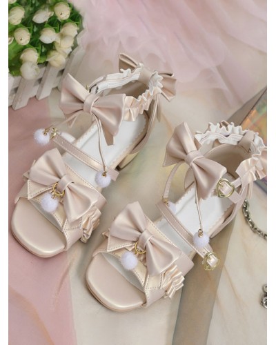 ROCOCO Style Lolita Sandals Ecru White Bows Pleated PU Leather Square Toe Lolita Summer Shoes