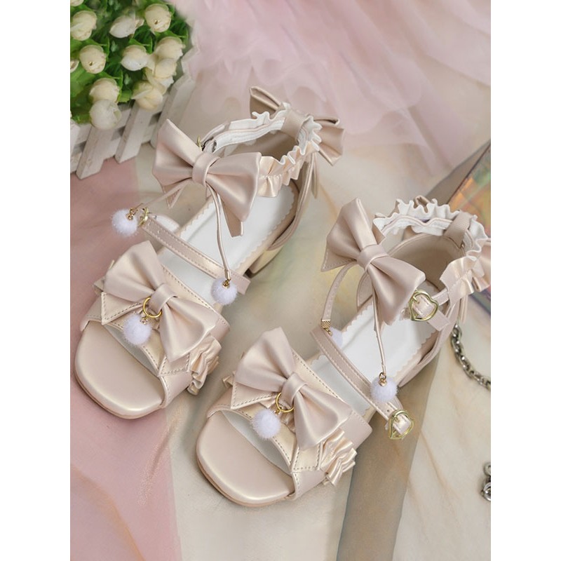 ROCOCO Style Lolita Sandals Ecru White Bows Pleated PU Leather Square Toe Lolita Summer Shoes