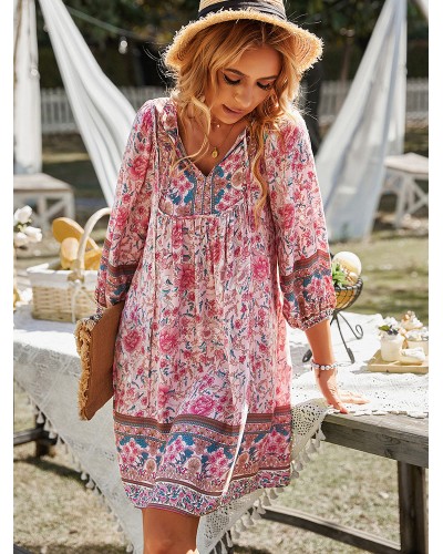 Boho Dress V-Neck Long Sleeves Printed Dress Sexy Casual Spring Summer Fall